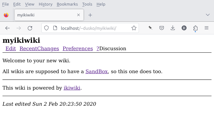 Displaying an ikiwiki instance home page running with apache web server on local machine