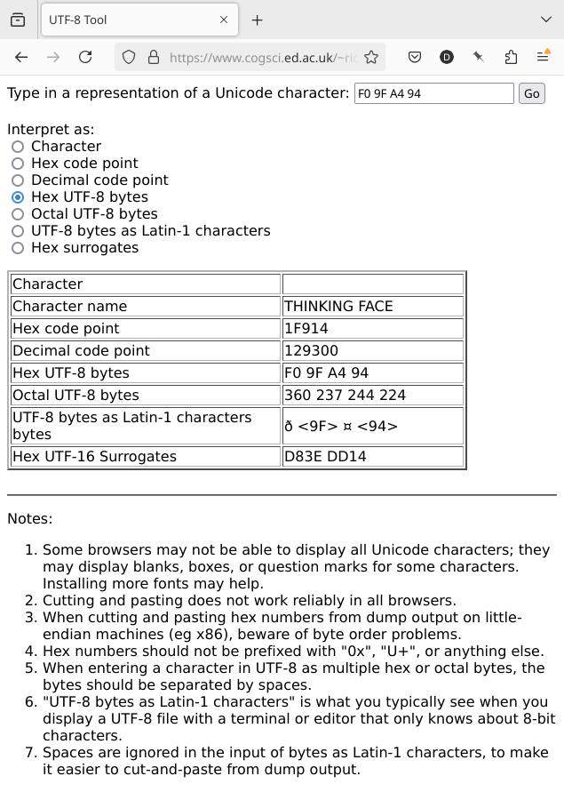Unicode character name Thinking Face - Conversions with UTF-8 Conversion Tool by Richard Tobin